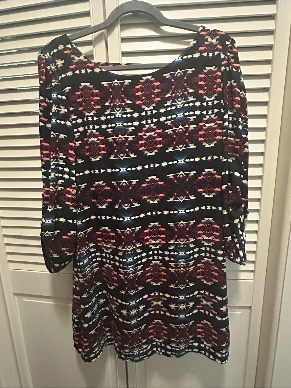 Speechless Black Long Sleeve Aztec Print Dress with Red and Blue Accents